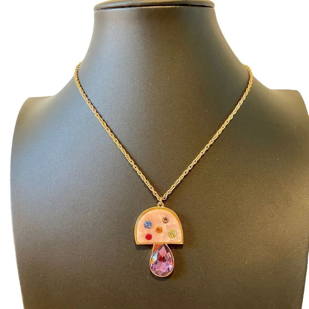 Betsey Johnson jeweled Mushroom Pendant on gold toned chain.